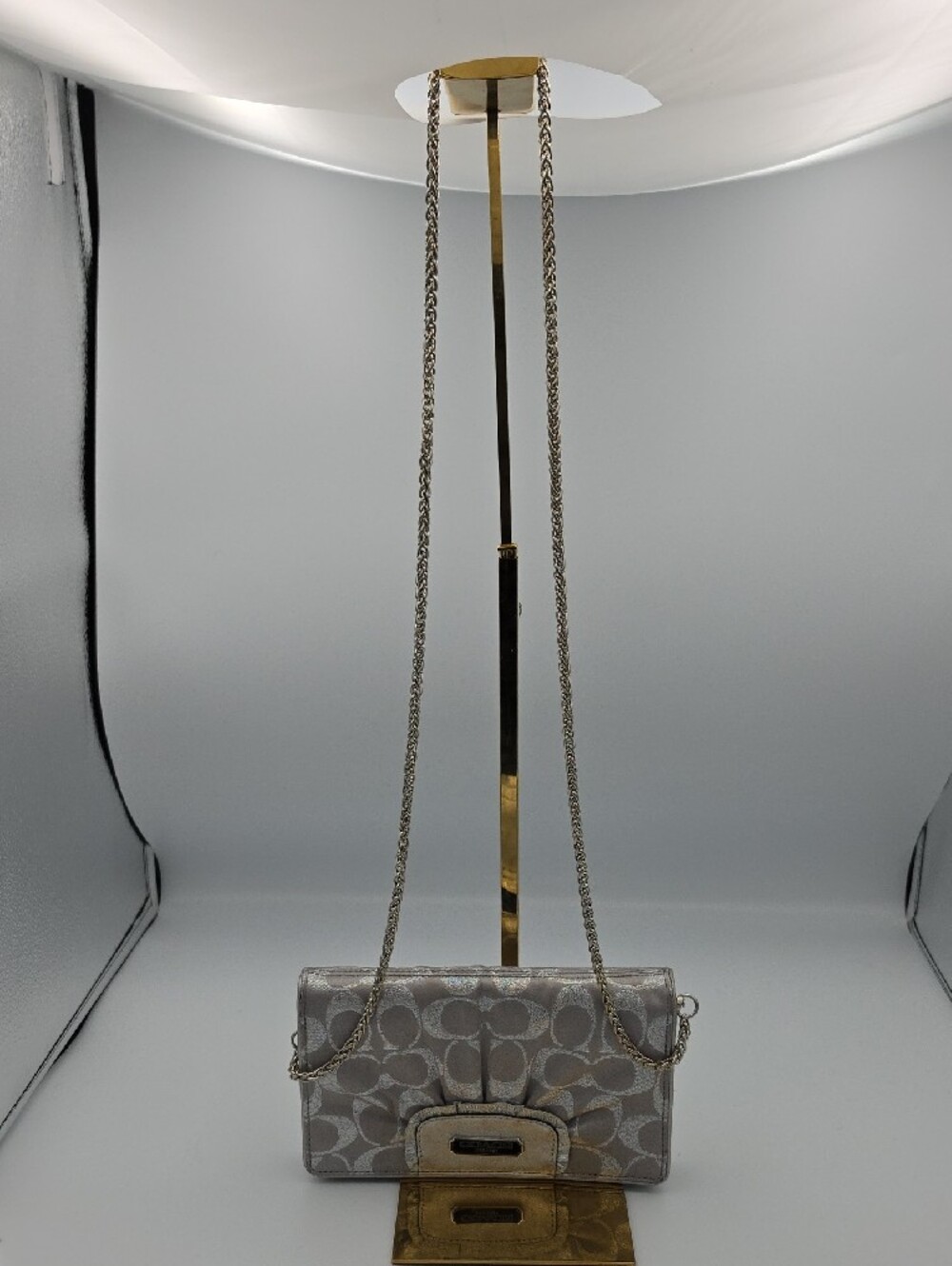 Coach Silver Metallic Shine Signature Mono Small Chain Crossbody/Wallet (EUC)🩶
